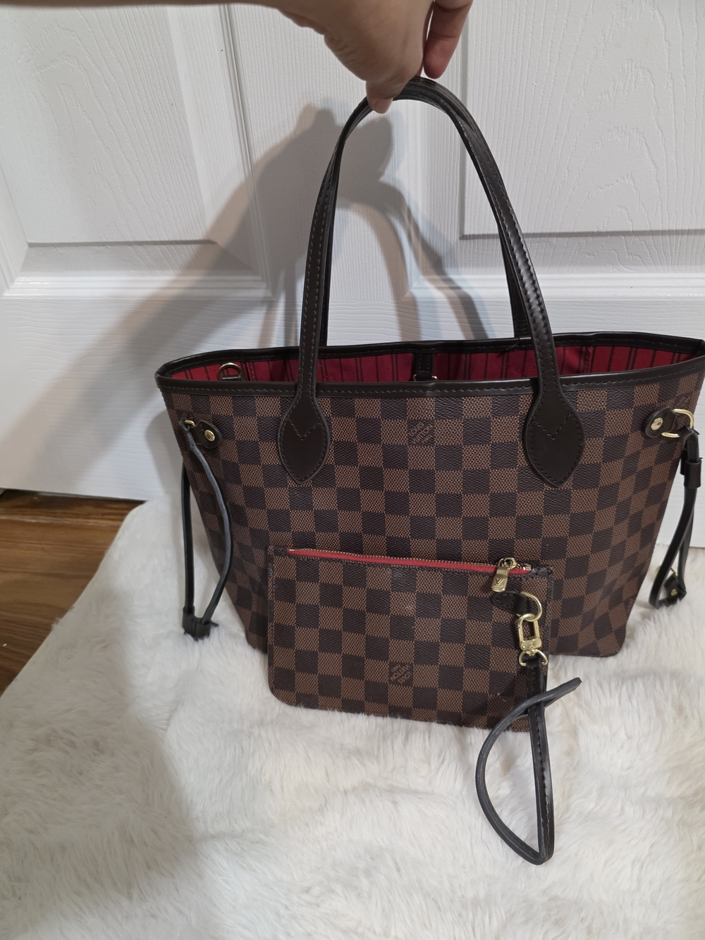 Brown Checkered Hobo Tote with Red Interior